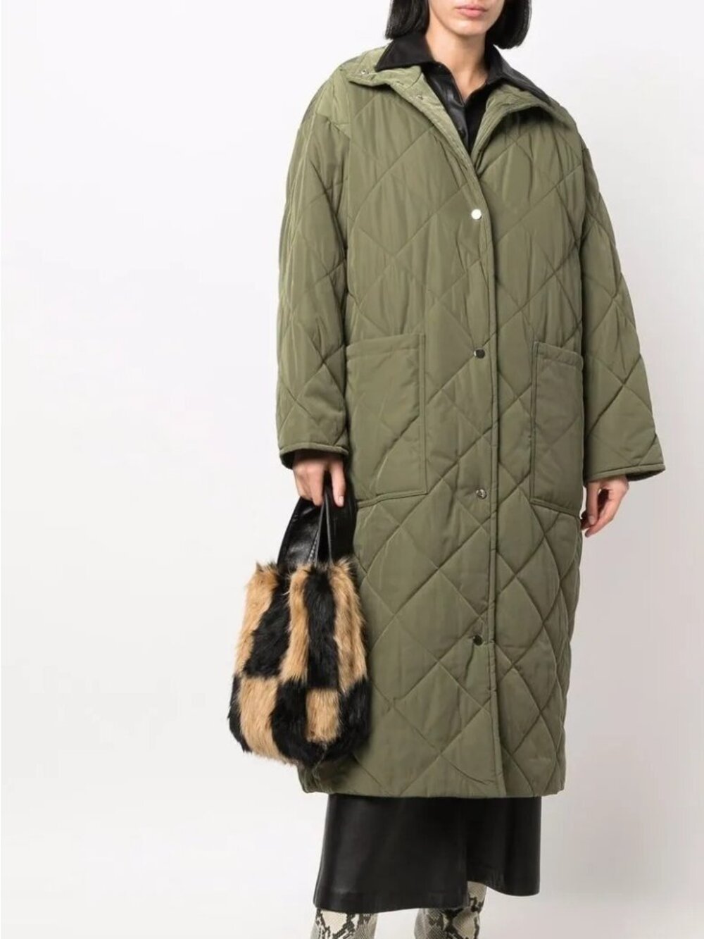 Stand Studio Quilted Recycled Shell Longline Coat Army Green Size 32 NWT